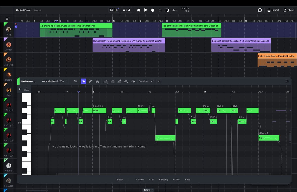 ACE Studio 2.0の画面。キャンバスに並んだトラックと、ピアノロールで歌詞・ピッチ・表情を編集しているところ